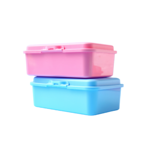 Plastic lunch boxes commonly used by children and adults to carry their food while at school or work. 