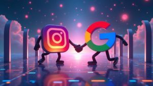 Illustration of Instagram and Google logos shaking hands in a digital world, symbolising the crossover between social media and search engines
