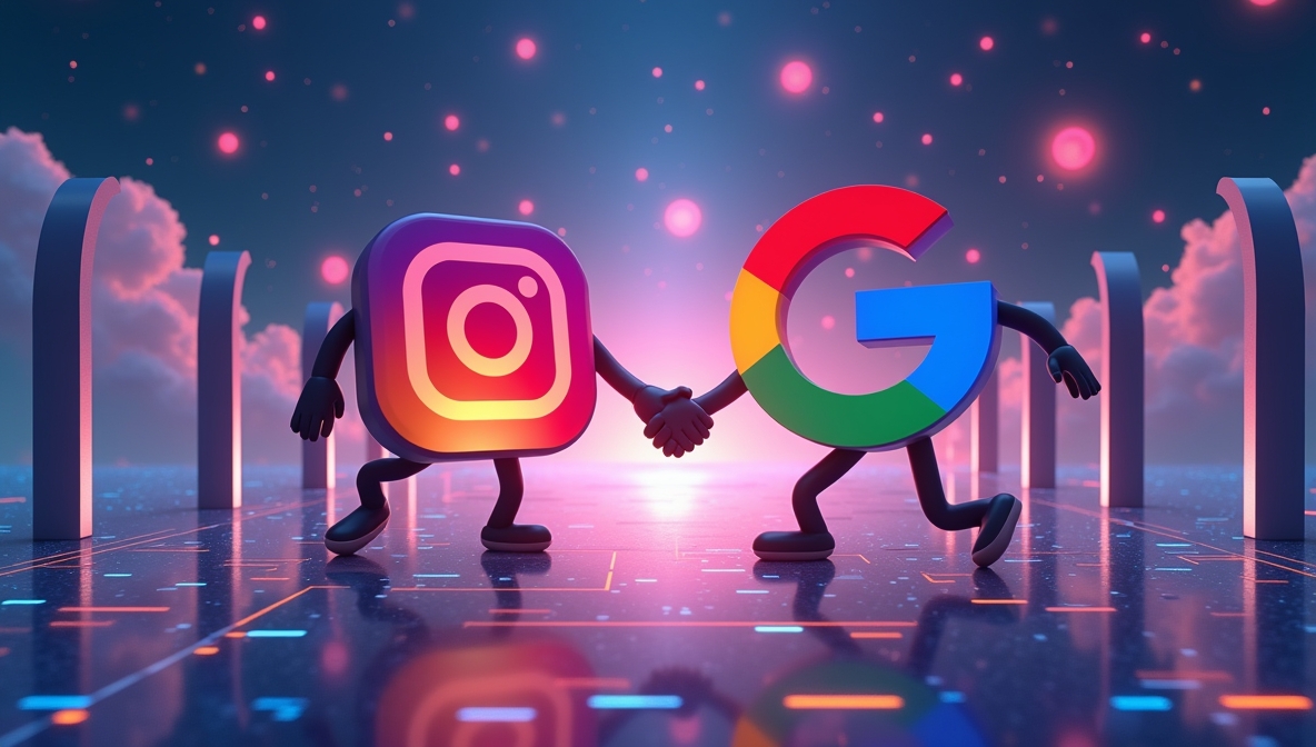 Illustration of Instagram and Google logos shaking hands in a digital world, symbolising the crossover between social media and search engines