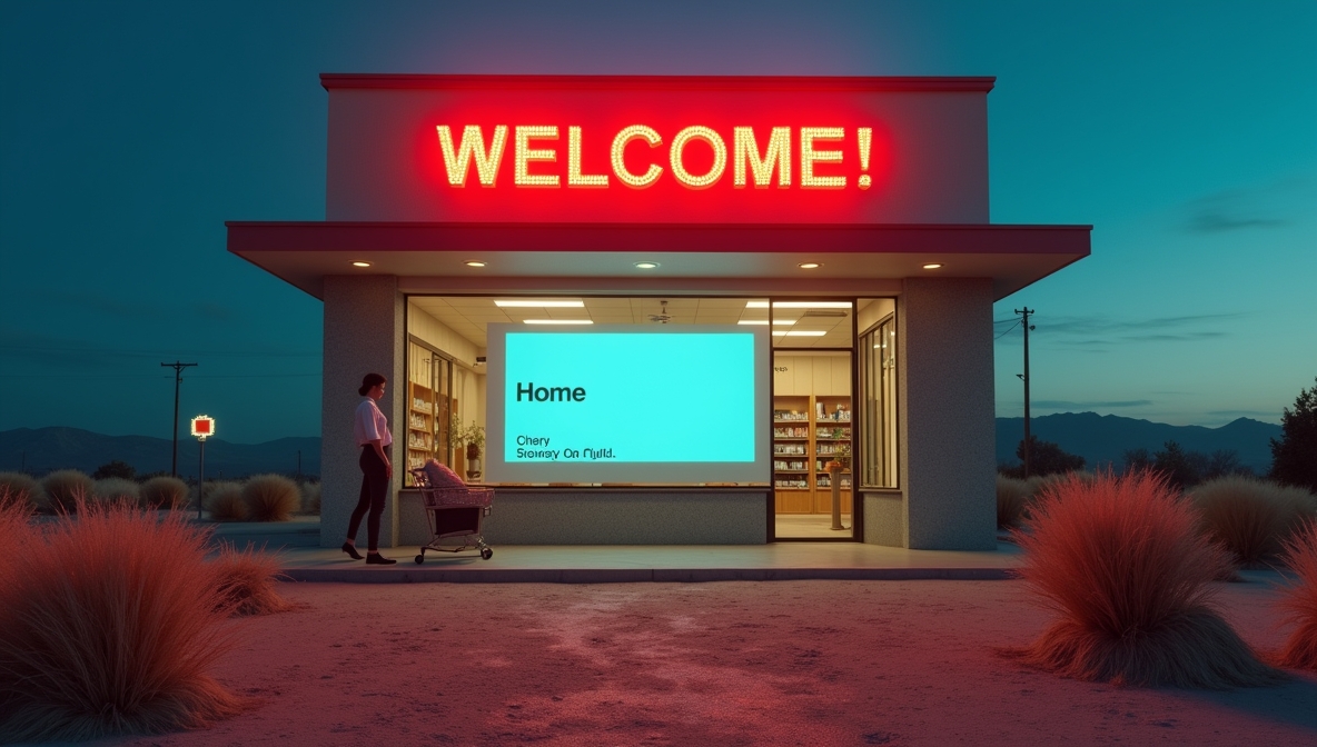 A deserted digital storefront showing a website titled “Home” or “Untitled.” No visitors in sight, symbolising a site with no traffic due to poor SEO.