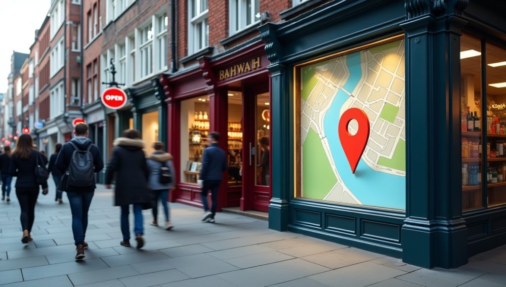 A hidden shopfront with no signage on a busy high street. A digital map with a location pin floats nearby. Visual metaphor for businesses ignoring local SEO.