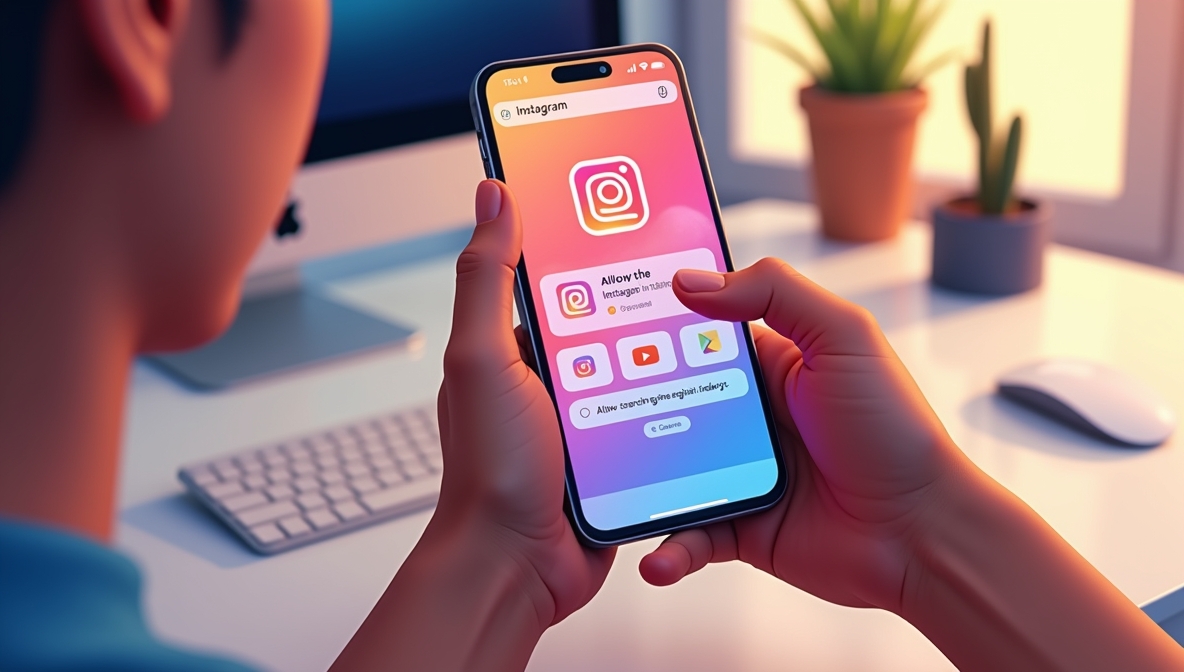  Close-up of someone adjusting Instagram settings on a phone to allow content indexing by search engines.