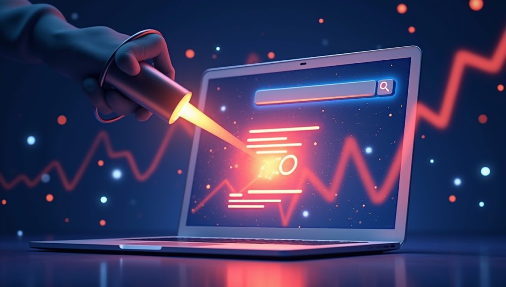 Conceptual illustration of a glowing pointer highlighting website content on a laptop screen, symbolising how alt text boosts SEO visibility.