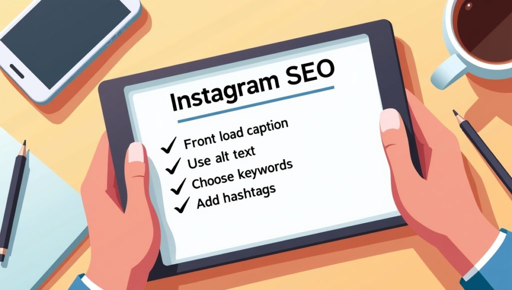 Flat lay of a digital tablet displaying a checklist with Instagram SEO tips: front-load caption, use alt text, choose keywords, add hashtags.