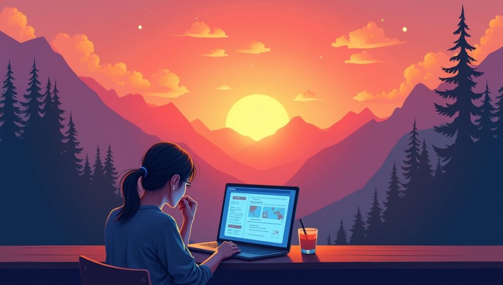 Person working on a laptop outdoors at sunset, with a visible screen showing alt text examples and a scenic mountain view in the background.