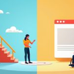Side-by-side illustration showing a woman facing stairs with no ramp on one side, and a man in a wheelchair accessing a webpage on the other.