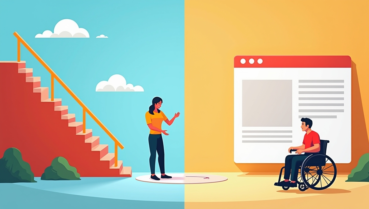 Side-by-side illustration showing a woman facing stairs with no ramp on one side, and a man in a wheelchair accessing a webpage on the other.