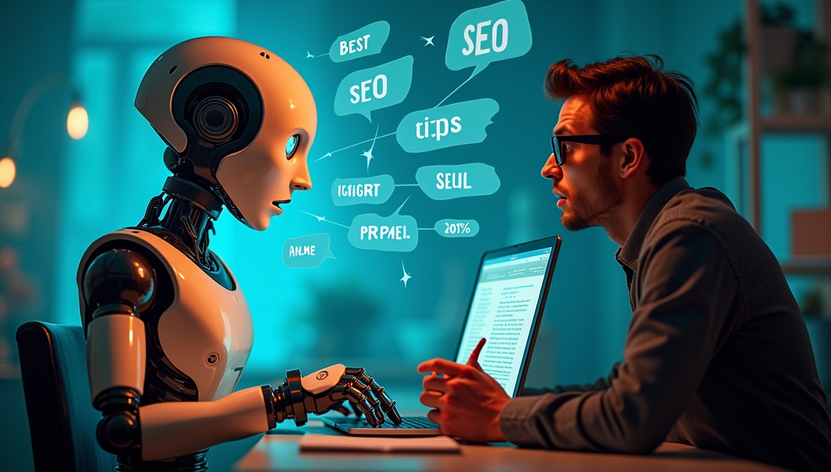 A malfunctioning robot typing repetitive keywords like “SEO SEO SEO” while a human editor looks on, frustrated. Represents outdated keyword stuffing harming content.