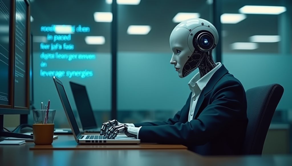 A humanoid robot in a business suit typing on a laptop in a modern office. Behind it, corporate jargon like “leverage synergies” glows on the wall, highlighting the cliché tone of AI-generated content.