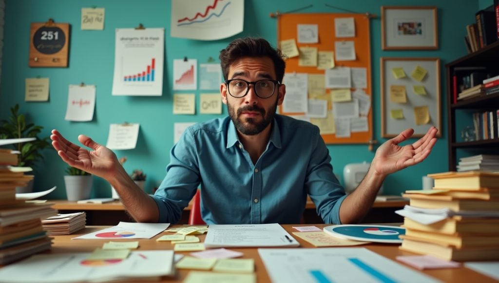 A marketer sits between two piles: one marked “Data” with clear charts, and another marked “Vibes” filled with sticky notes and random guesses. Emphasises the need for analytics over guesswork.