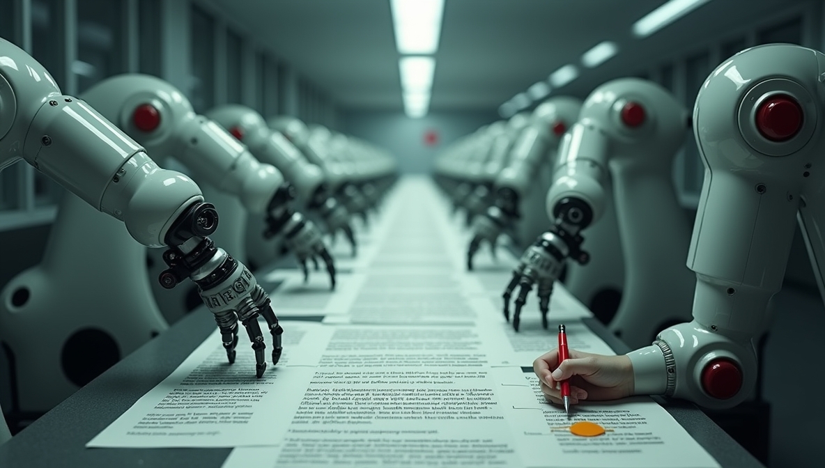 An eerie content factory where robots write identical blog posts on an assembly line. A single human hand edits one with a red pen, hinting at human creativity.