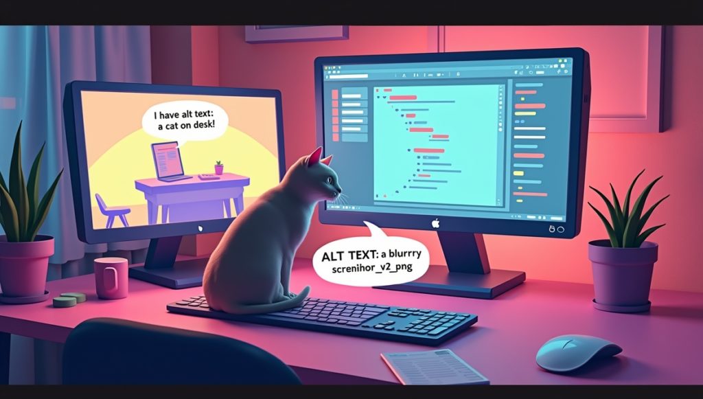 Humorous image of a cat sitting at a computer, with one screen displaying “I have alt text: a cat on desk!” and another showing a garbled file name.