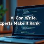Laptop screen with text overlay saying “AI Can Write. Experts Make It Rank” on a blurred workspace background