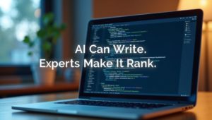 Laptop screen with text overlay saying “AI Can Write. Experts Make It Rank” on a blurred workspace background