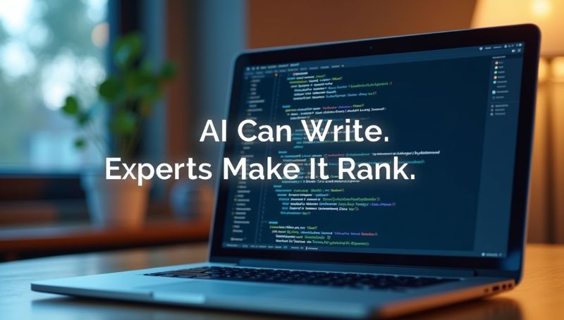 Laptop screen with text overlay saying “AI Can Write. Experts Make It Rank” on a blurred workspace background